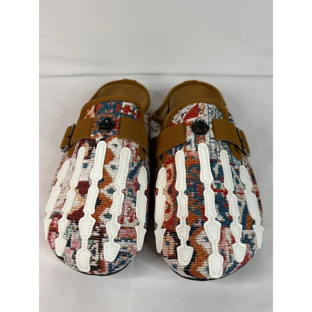 Skeleton Hand Tapestry Mules Clogs Multi-Color Woven Buckle Slip-On Shoes EU 43
